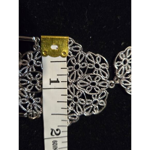 Vintage Silver Toned Flowers Pendant Chain Necklace With Five Dangle Bars Tassel - Picture 7 of 9